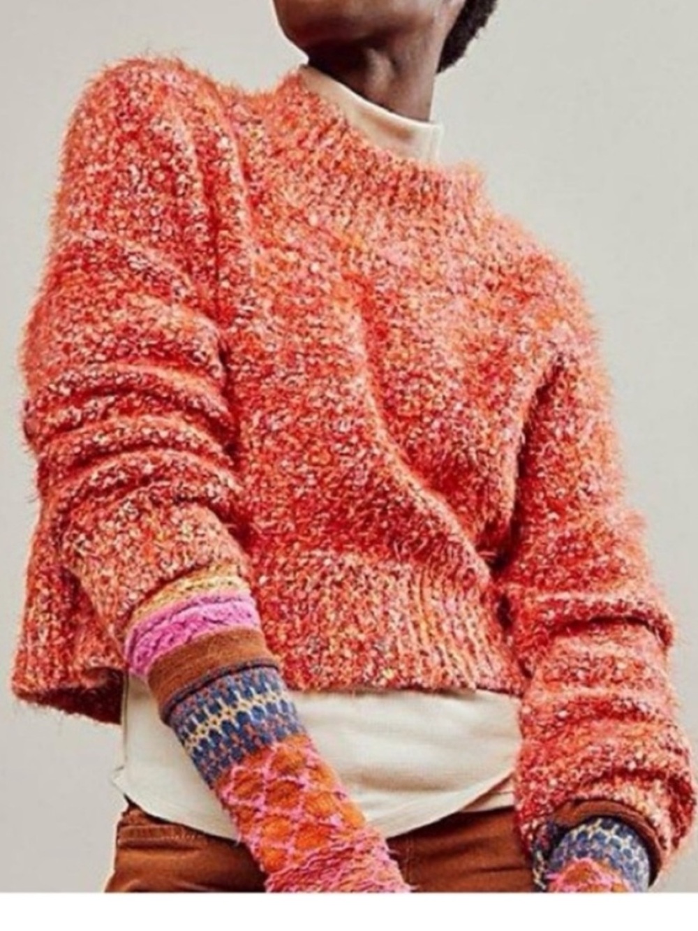 Free People XSmall Sweater Stardust Pullover fuzzy mock neck Scarlet Flame Combo